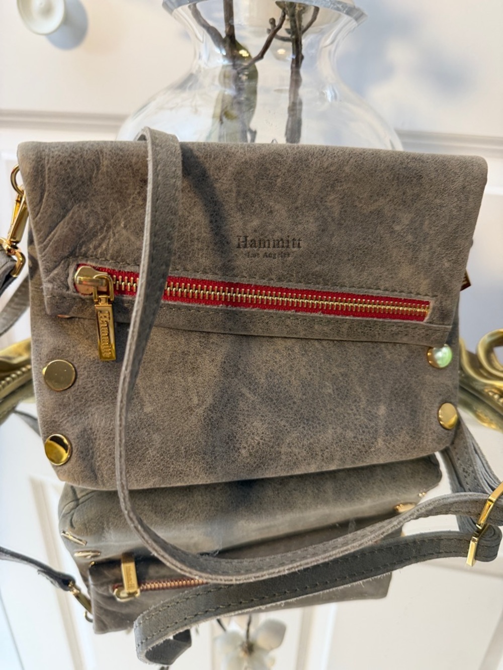 Hammitt Gray Suede Crossbody with Red Zip and Gold Hardware